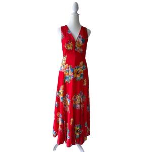 Ralph Lauren Maxi Dress Womens Size 2 Red Floral Flowy Sleeveless A-Line V-Neck